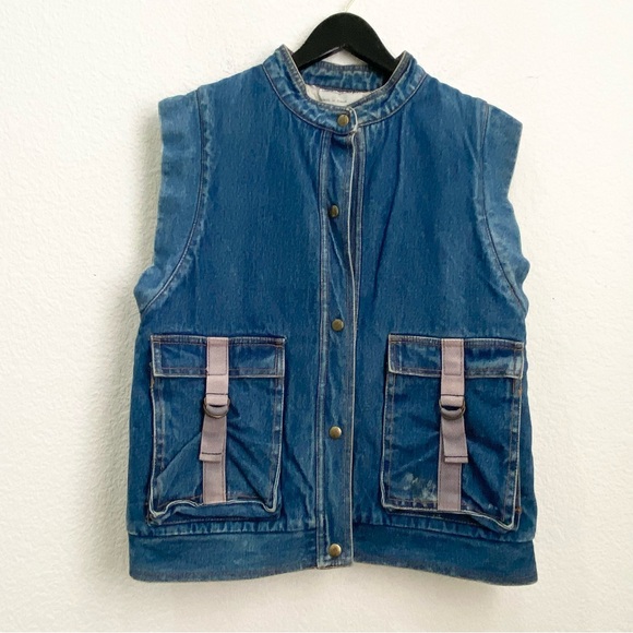 Vintage SPORTWORKS Sherpa Lined Unisex Utility Denim Vest Size M - Picture 3 of 9